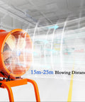 Heavy Duty 24 Inch Industrial Floor Fan Moves A Ton Of Air With Full Oscillation And Adjustable Tilt For Fast Shop Warehouse Garage Cooling Setup in orange, showcasing powerful airflow up to 25m.