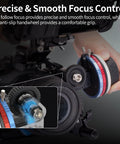 Super Smooth Mini Follow Focus Wheel With 15mm Rod Rack And Clamp, Reversible Drive Gears, 360 Infinity Zoom, A B Hard Stops For Pro Video Rigs That Just Nail Every Take Dead On, showing precision gear mechanism and anti-slip handwheel
