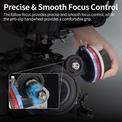 Super Smooth Mini Follow Focus Wheel With 15mm Rod Rack And Clamp, Reversible Drive Gears, 360 Infinity Zoom, A B Hard Stops For Pro Video Rigs That Just Nail Every Take Dead On, showing precision gear mechanism and anti-slip handwheel