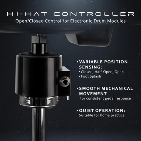Close-up of VH11 Style Hi Hat Controller Sensor for Electronic Drums with control features displayed. Supports Half Open, Foot Splash, Fits Standard Hi Hat Stands.
