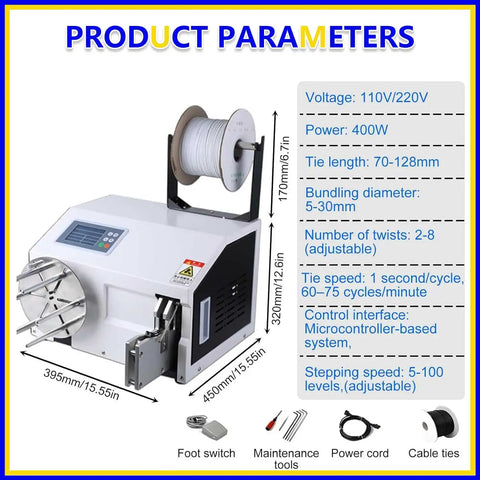 Effortless Electric Semi Automatic Twist Tie Machine with LCD screen and cable spool for secure bag closure and fast binding.