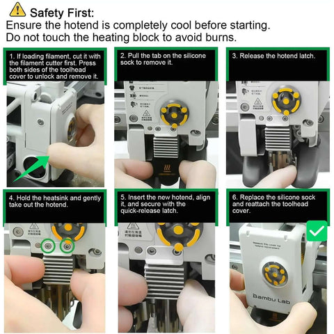 Instructional steps for installing 2 Pack A1 Mini And A1 Hotend Kit With 0.4mm Hardened Steel Nozzle on a 3D printer.