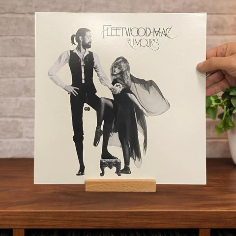 Legit Solid Hardwood Turntable Stand For LP Records And Album Jackets showcasing Fleetwood Mac Rumours album on wooden display rack.
