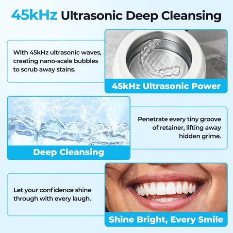 Diagram showcasing Ultrasonic Retainer Cleaner Machine For Dentures Mouth Guards Night Guards Aligners And Jewelry 45kHz 250ml UV