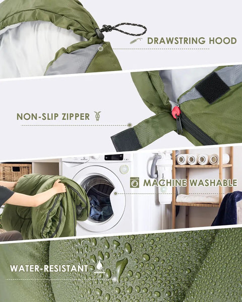 Ultra lightweight three season sleeping bag for adults backpacking waterproof cold weather ready with drawstring hood and machine washable