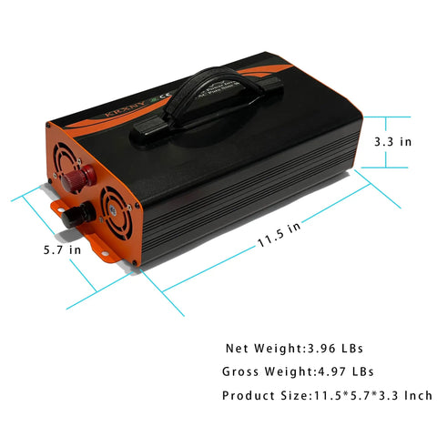 Rock Solid 1000 Watt Power Inverter Converting 48V DC To 110V 120V AC, dimensions 11.5x5.7x3.3 inches, sleek black design.