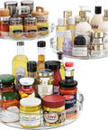 Three Pack Lazy Susan Turntable Organizer Set For Cabinets Pantry Fridge And Countertop Storage Makes Kitchen Organization A Breeze 360 Degree Rotating Spice And Condiment Organizer In 9.25 Inch 10.6 Inch And 12 Inch Sizes with jars, bottles, and toiletries.