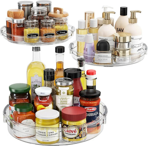Three Pack Lazy Susan Turntable Organizer Set For Cabinets Pantry Fridge And Countertop Storage Makes Kitchen Organization A Breeze 360 Degree Rotating Spice And Condiment Organizer In 9.25 Inch 10.6 Inch And 12 Inch Sizes with jars, bottles, and toiletries.