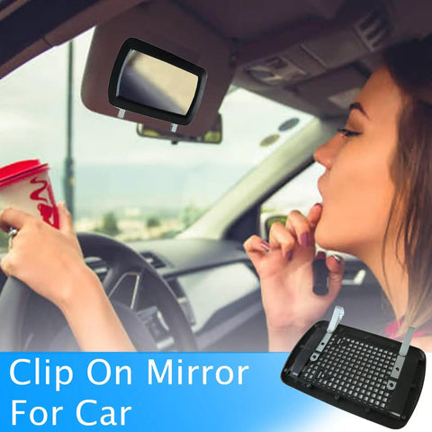 Clip On Car Sun Visor Mirror Universal Fit HD Vanity Mirror with Glass Lens seen in car interior with woman applying makeup.