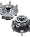 Front Wheel Bearing Hub Assembly For Nissan Rogue 2008 2013 And Nissan Rogue Select 2014 Plus Sentra Two Point Five Liter Four Cylinder 2007 2012 With Five Lug And ABS Affordable Replacement Part For Easy Install Smooth Ride And Reliable Performance showing two hub assemblies with five lugs and ABS compatibility.