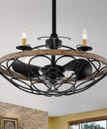 HomeStock Copper Grove 6-Light Matte Black Fandelier Ceiling Fan with Imitation Wood Grain Accents, showing light bulbs and fan blades.
