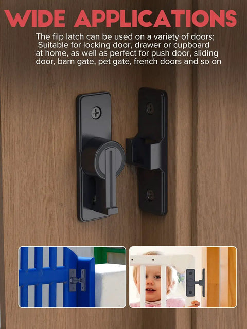Beefy Heavy Duty 90 Degree Gate Latch With Zinc Alloy Hardware installed on wooden door, sliding door, and pet gate