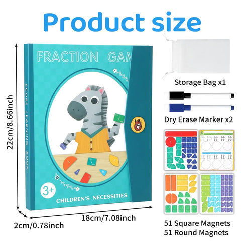 Magnetic Fraction Demonstration Kit For Kids, 51-Piece Set With Fraction Tiles And Circles, product box and contents overview.