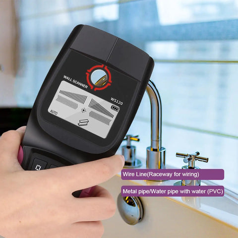 Stud Finder Wall Scanner with LCD Display for Wood, Metal, and AC Wire held in hand, showing LCD screen with detection modes.
