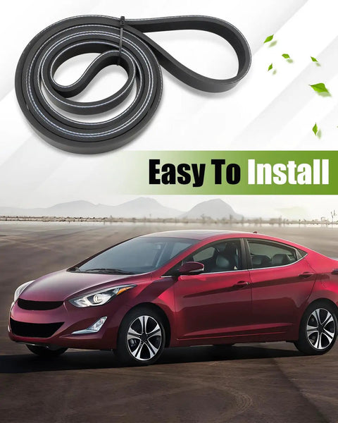 Hyundai Elantra Kona Tucson Serpentine Drive Belt 6PK1780 Beefed Up Durable EPDM Replacement Part K060700 Fit Alternator Water Pump AC Compressor 2015 2021 L4 1.8L 2.0L coiled belt above red sedan