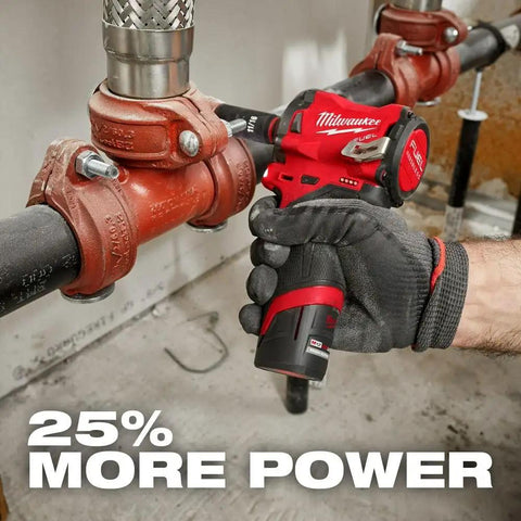 Hand using M12 RedLithium High Output 2.5Ah Battery With RedLink Intelligence Delivers Beefy XC Power In A Compact Size tool on pipe