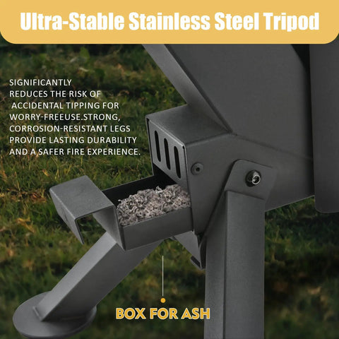 Portable Wood Pellet Fire Pit And Outdoor Heater In Matte Black Painted Stainless Steel For Backyard Patio Garden And Camping, Easy Ignition, Cozy Swirl Of Flames showcasing ash box and tripod base.