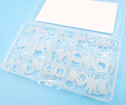 Front view of silicone O-ring kit, 225 pieces, 15 metric sizes, white rings in clear plastic case
