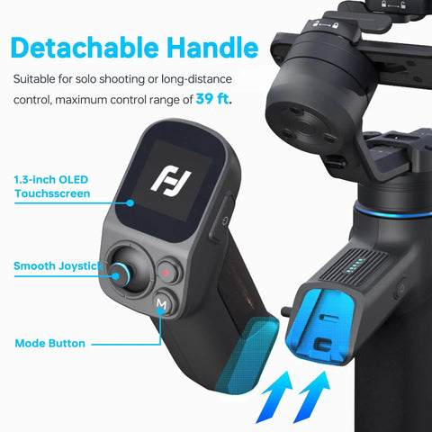 Scorp Mini 3 Pro Gimbal Kit With AI Tracking Built In Display Detachable Remote Handle showing control features