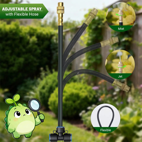 100Ft Drip Irrigation Kit With 3 Adjustable Emitters For Mist, Stream And Vortex Watering, Quick Connect PE Tubing in garden setup
