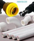 Electric Drill PVC Pipe Threader Kit With Multiple Die Sizes For Internal And External Threading PVC Threader Set shown with pipes
