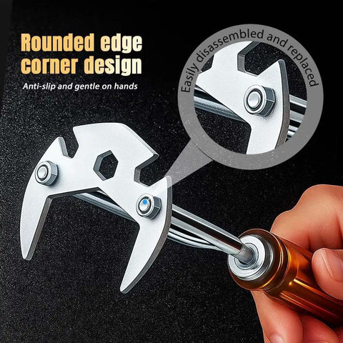 Close-up of the Under Sink Basin Wrench Tool With Seven Interchangeable Heads, showing rounded edge design and disassembly feature.