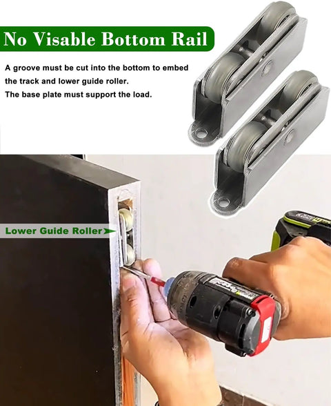 Premium Trackless Pocket Door Hardware Featuring A Reliable Soft Close Mechanism And Sleek Aluminum Rail for lower guide roller installation.