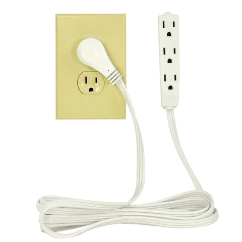 Flat Angled Extension Cord 8 Ft For Indoor Use With UL Listed Three Outlet Power Cord Space Saving Design To Plug In Multiple Devices At Once 3 Prong White plugged into wall
