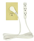 15 Foot Extension Cord With 3 Prong Grounded Plug, 3 Outlets, Angled Flat Plug, White, shown connected to wall outlet
