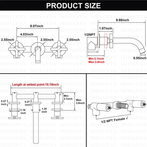 Wall Mounted Bathroom Sink Faucet With Dual Cross Handles, 3 Hole Widespread Vanity Mixer Tap In Matte Black, Go-To Rough-In Valve Included, Solid Brass Construction, Effortless DIY Install, Sleek Contemporary Style