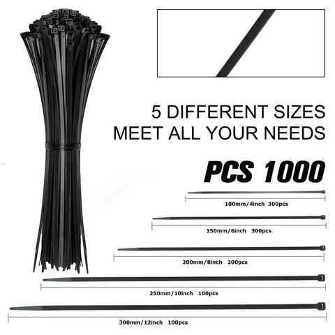 Self Locking Nylon Cable Ties 1000 Pack With Assorted 4 Inch 6 Inch 8 Inch 10 Inch 12 Inch Sizes For Multi Purpose Wire Management At Home Garden Trellis Office Garage Black Durable