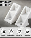 Eight Pack Patio Door Clips And Fixed Panel Brackets For Wood Gliding Sliding Doors Durable Plastic Construction Abrasion Resistant Brackets For Stable Long Lasting Operation In Bulk Pack, showing two white plastic stationary panel clips with mounting holes on a gray surface.