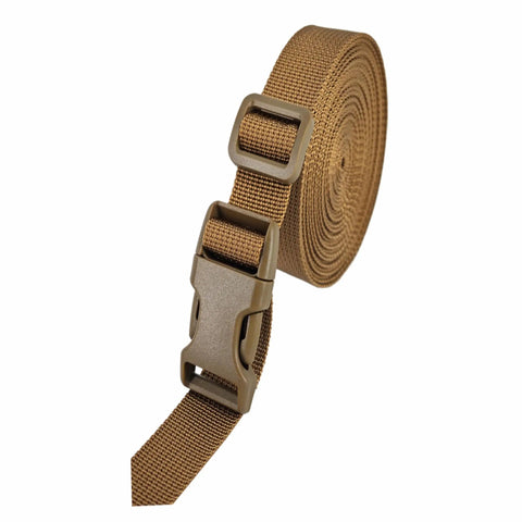 Quick Release Side Buckles and Straps Kit for Outdoors, shown in brown tan khaki, 3/4 inch webbing spool with buckle detail
