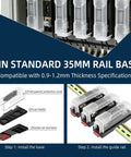 ANL Fuse Block With 35mm DIN Rail Mount And Two 300A 32VDC Fuse Holders, transparent covers, installation steps shown