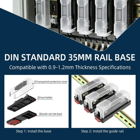 ANL Fuse Block With 35mm DIN Rail Mount And Two 300A 32VDC Fuse Holders, transparent covers, installation steps shown