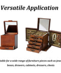 Open jewelry boxes with 12 Pack Antique Bronze Decorative Arch Pulls 3 Inch By 0.6 Inch Zinc Alloy Mini Handles, showcasing versatile use.
