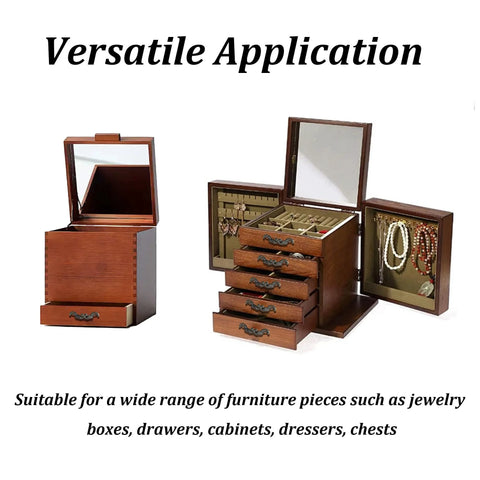 Open jewelry boxes with 12 Pack Antique Bronze Decorative Arch Pulls 3 Inch By 0.6 Inch Zinc Alloy Mini Handles, showcasing versatile use.