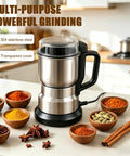 Premium 304 Stainless Steel Electric Grain Mill Grinder with spices on countertop for efficient grinding and meal prep.