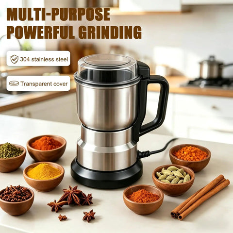 Premium 304 Stainless Steel Electric Grain Mill Grinder with spices on countertop for efficient grinding and meal prep.
