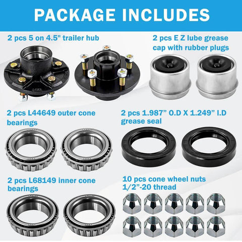 RigsNParts trailer idler hub kit: two 5-on-4.5 in hubs with bearings, seals, grease caps, and 10 lug nuts