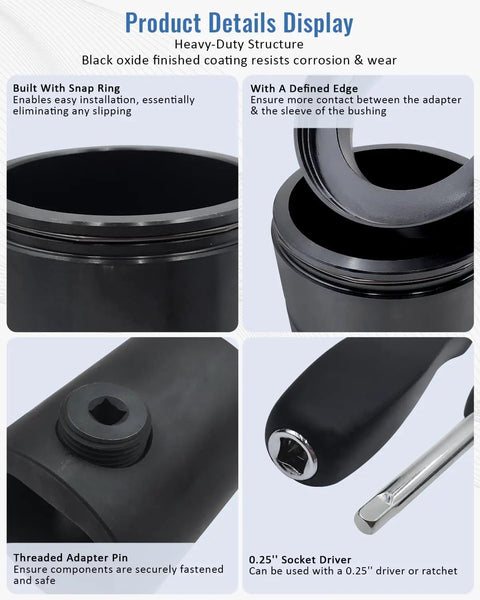 Leaf Spring Pin And Bushing Adapter Service Tool Kit For Heavy Duty Semi Trucks And Equipment Works With Pins And Bushings Starter Set, showing black oxide finished adapters, socket driver, and threaded pin.