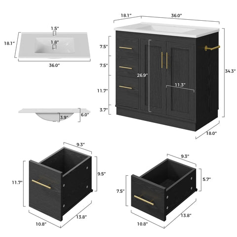36 Inch Bathroom Vanity With Integrated Sink, Modern Black Cabinet With Soft Close Doors, 3 Roomy Drawers, Adjustable Shelf And Built In Toilet Paper Holder, FSC Certified Wood Construction That Hits Different For Top Shelf Storage Needs