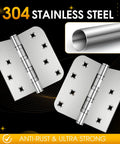 Rock Solid 304 Stainless Steel Door Hinges 4 By 4 Inches heavy duty, showcasing anti-rust design and durable construction.