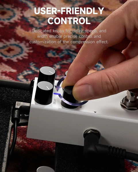 Dope Jet Flanger Pedal For Electric Guitar With Analog True Bypass, user adjusting delay control knob on pedal