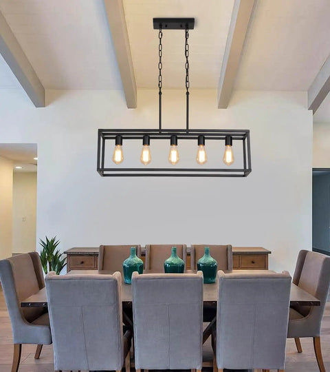 Black Rectangle Kitchen Island Light With Five Linear Pendant Fixtures Modern Industrial Chandelier installed in dining room