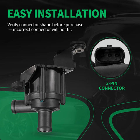 Tight Fit No Sweat Swap Durable Electric Auxiliary Water Pump For Ford Escape And Fusion Coolant System showing 3-pin connector.