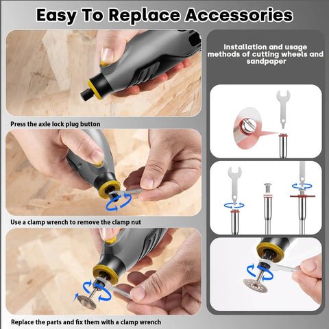 Guide showing accessory replacement for Beast 130W Corded Rotary Tool Kit With 204 Piece Accessory Set For Sanding Polishing Engraving Drilling.