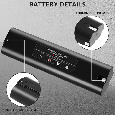 Close-up of 2 Pack Beefed Up 3600mAh NiMH Replacement Battery Pack shell and thread-off pillar details for 9.6V tools.