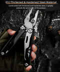 Close-up of black thick hardened steel skeleton handle of 15 In 1 Multitool Pliers With Spring Loaded Head for EDC use