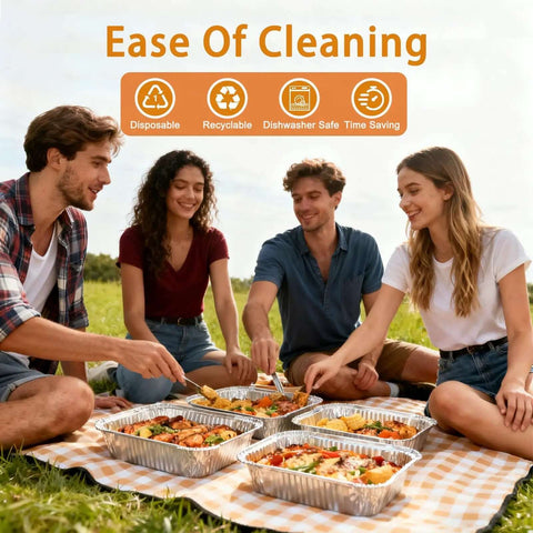 Group picnic using Forty Pack Disposable 9x13 Aluminum Foil Pans Deep Half Size Steam Table Trays For Oven Baking Cakes Roasting Turkey Meal Prep